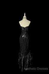 Vintage Mermaid Sweetheart Black Sequin Long Evening Prom Gown Fairy Evening Prom Dresses